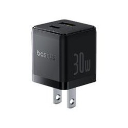 CARGADOR DE PARED 2 PUERTOS BASEUS, CARGA RPIDA, 1 TIPO C1 USB-A 30W, COLOR NEGRO