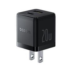 CARGADOR DE PARED 2 PUERTOS BASEUS, CARGA RPIDA, 1 TIPO C1 USB-A 20W, COLOR NEGRO