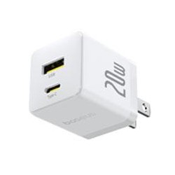 CARGADOR DE PARED 2 PUERTOS BASEUS, CARGA RPIDA, 1 TIPO C1 USB-A 20W, COLOR BLANCO